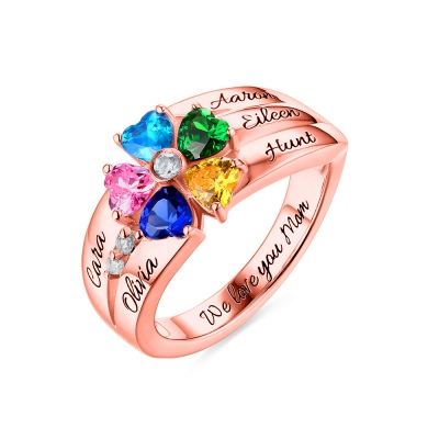 Engraved  5 Heart-Shaped Birthstones Ring In Rose Gold