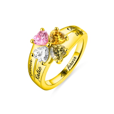 Engraved Mother's Love and Luck Birthstones Ring In Gold