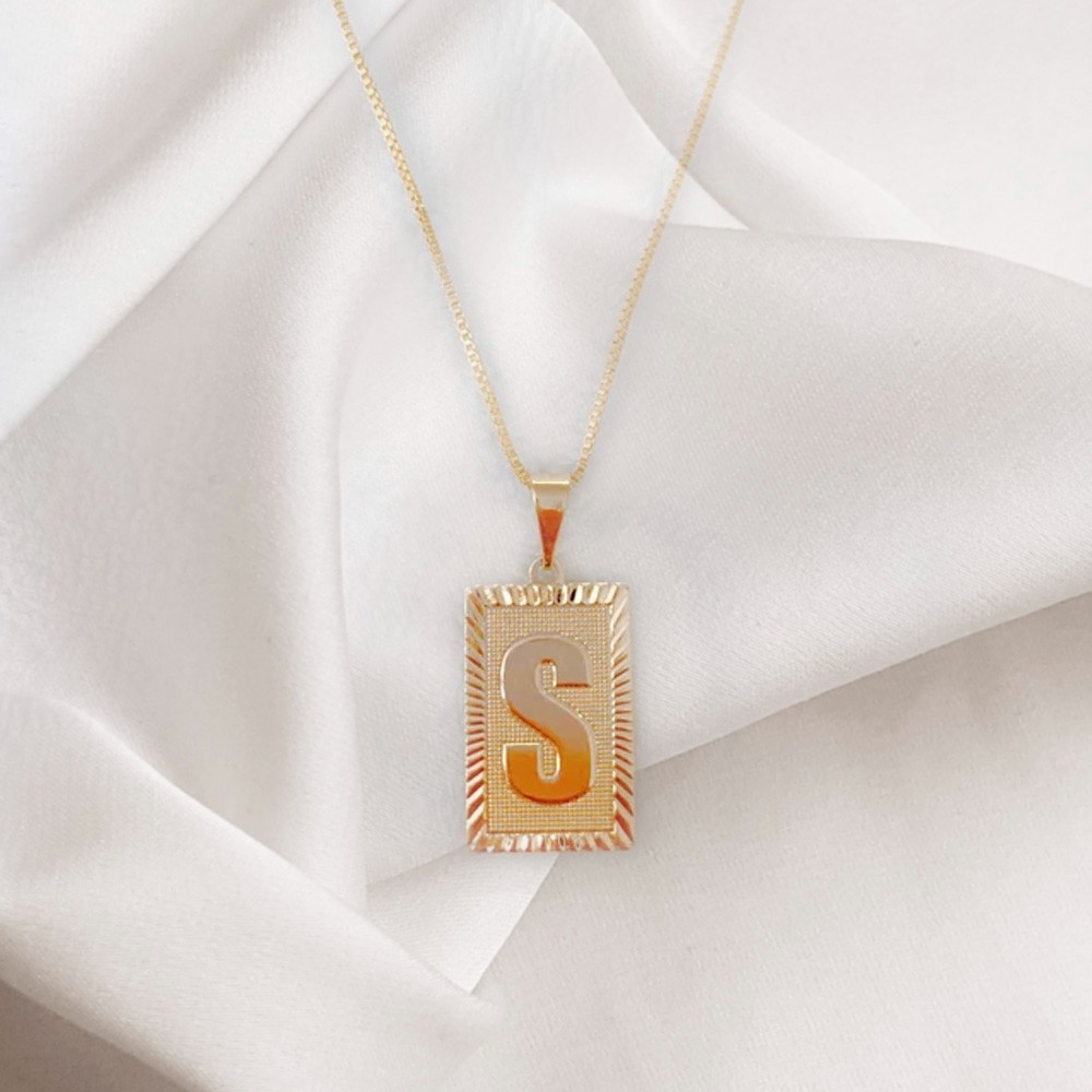 Gold Necklace with an Initial Rectangular Charm, Personalized Letter Pendant Necklace, Dainty 18k Gold Plated Necklace