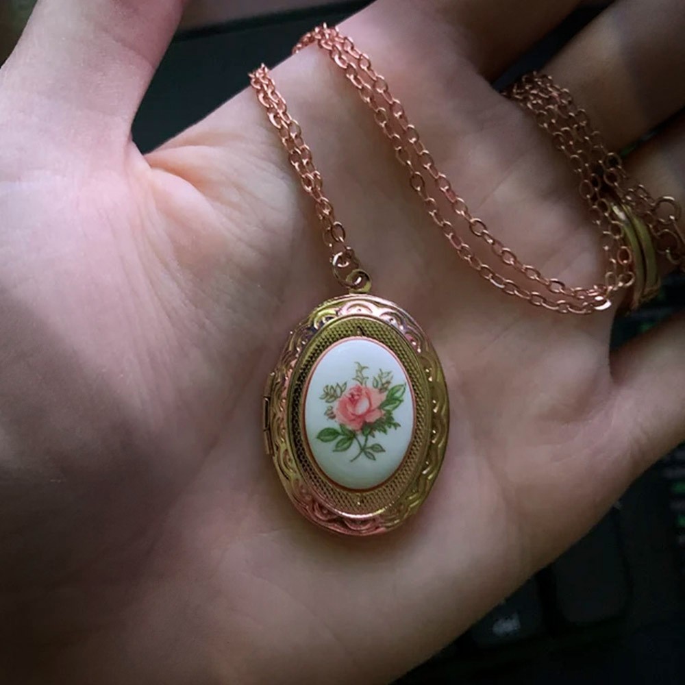 Personalized Vintage Pink Rose Cameo Locket Necklace, Rose Gold Plated Brass Jewelry