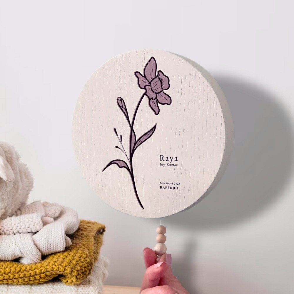 Personalized Birth Flower Music Wall Hanging, Pull String Music Box