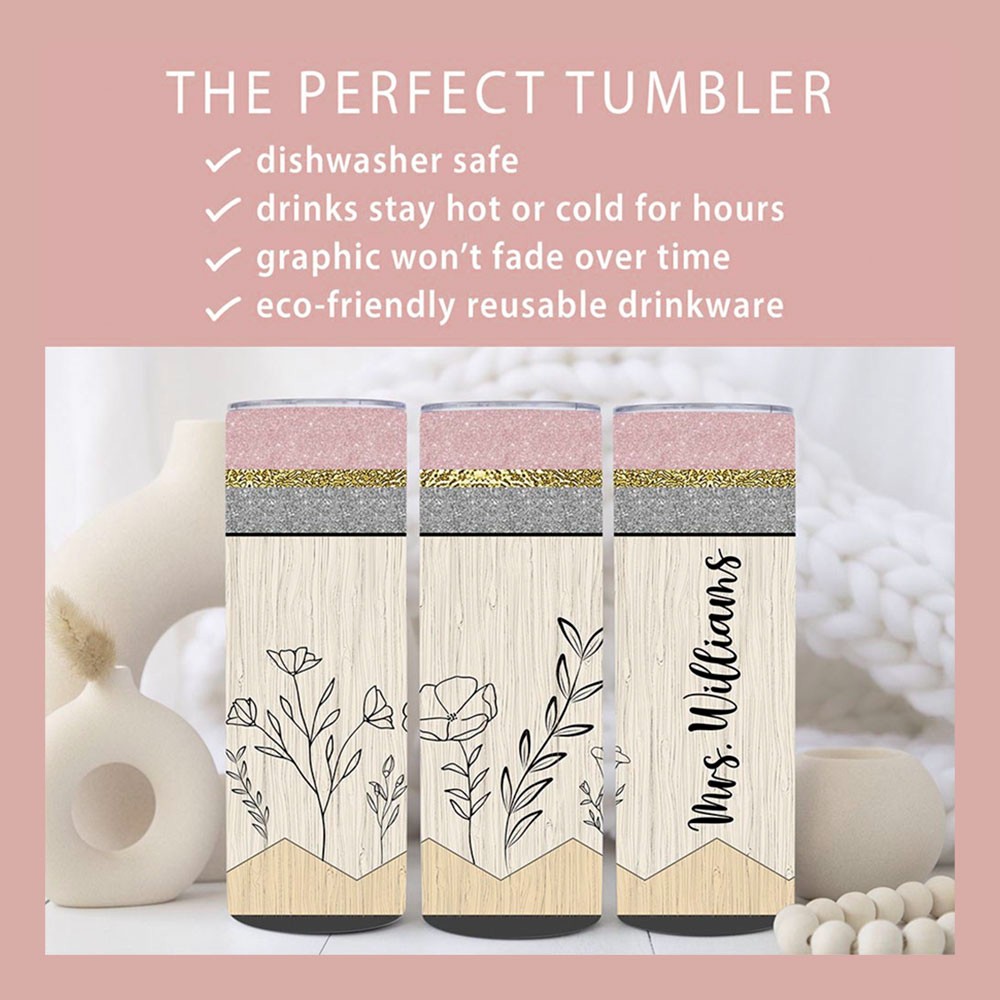 Personalized Teacher Name Tumbler with Straw, Pencil Print Tumbler