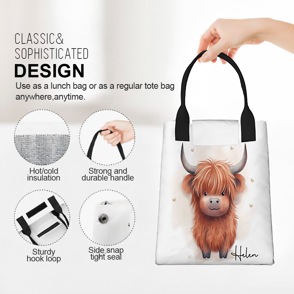 Personalized Highland Cow Lunch Bag, Dupont Paper Lunch Bag, Macaron Colors Lunch Bag