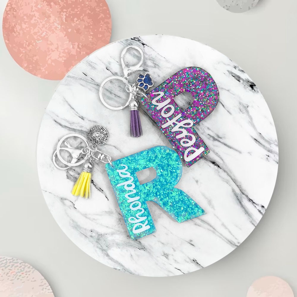 Custom Sparkly Glitter Keychain with Initial & Name, Personalized Acrylic Keychain, Bag Purse