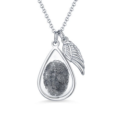 Personalized Teardrop Fingerprint Necklace with Angel Wing