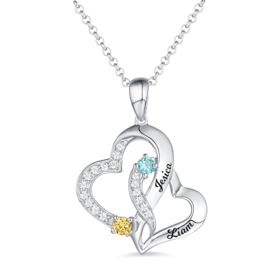 Personalized Double Heart Necklace with 2 Names & Birthstones Sterling Silver