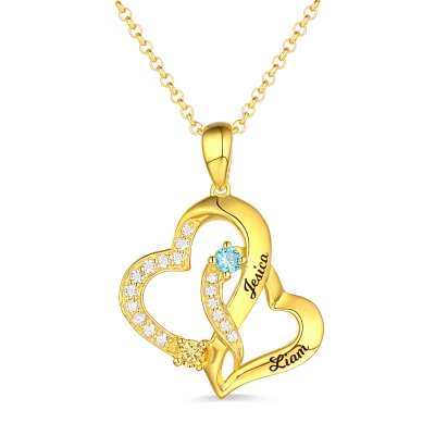 Personalized Double Heart Necklace with 2 Names & Birthstones Sterling Silver in Gold
