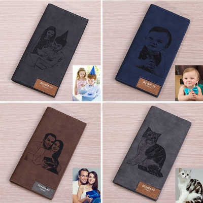Men's Engraved Photo Leather Long Wallet