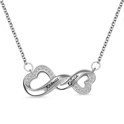 Customized Engraved Infinity Double Heart Name Necklace In Sterling Silver