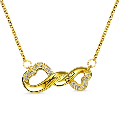 Engraved Infinity Double Heart Name Necklace for Her in Gold