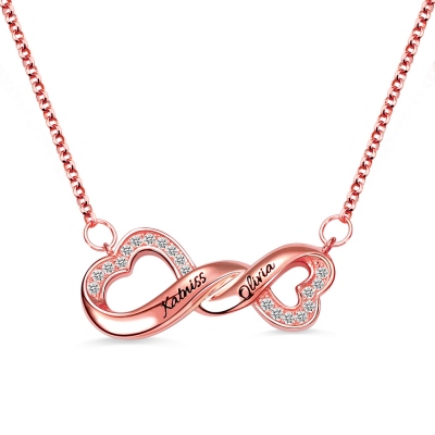 Customized Engraved Infinity Double Heart Name Necklace In Rose Gold