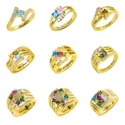Personalized 1-9 Square Birthstone Ring with Engraving in Gold