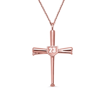 Engraved Baseball Cross Necklace Rose Gold