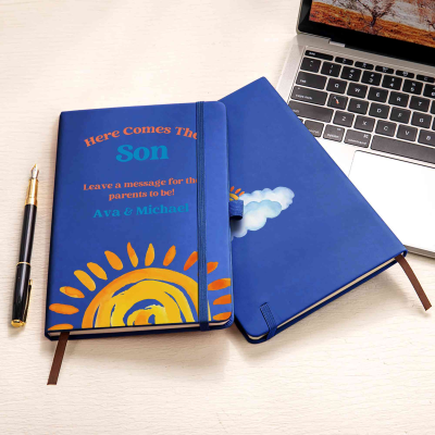 Personalized Names Here Comes the Son PU Leather Guest Book, Multicolor A5-sized Welcoming Baby Boy Sign in Journal, Baby Shower Gift for New Parents