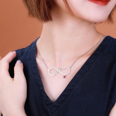  Infinity Single Name Necklace with Birthstone in Silver