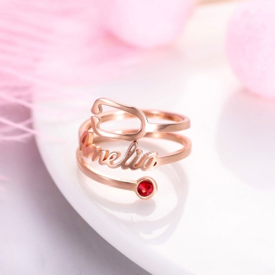 Personalized Name & Birthstone Stethoscope Ring in Rose Gold