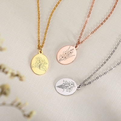 Personalized Birth Flower Necklace & Ring With Engraving