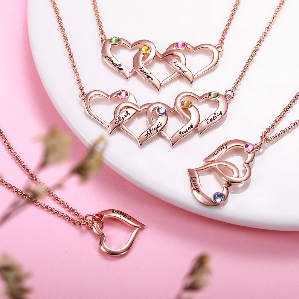 Personalized Intertwined Hearts Necklace with Birthstone in Rose Gold