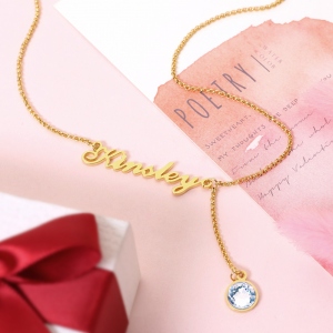Personalized Simple Name & Birthstone Y Necklace in Gold