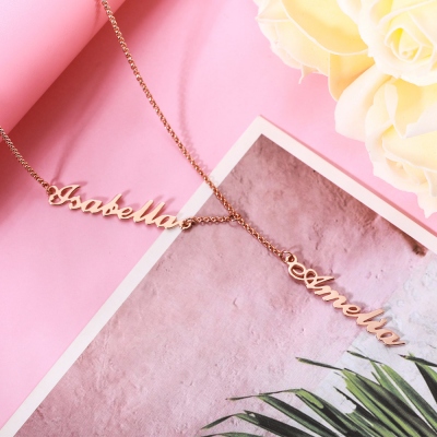 Personalized Two Names Y-shaped Necklace in Rose Gold