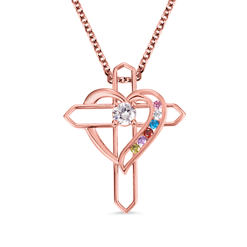 Personalized Heart & Cross Birthstone Necklace - GetNameNecklace
