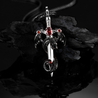 Sword Necklace with Cross Dragon Birthstone Pendant