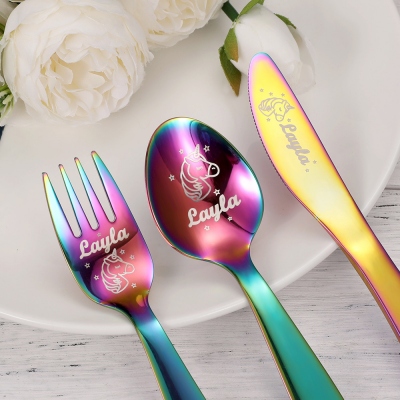 Engravable Dinnerware Unicorn Style Spoon Folk Knife Cutlery Set