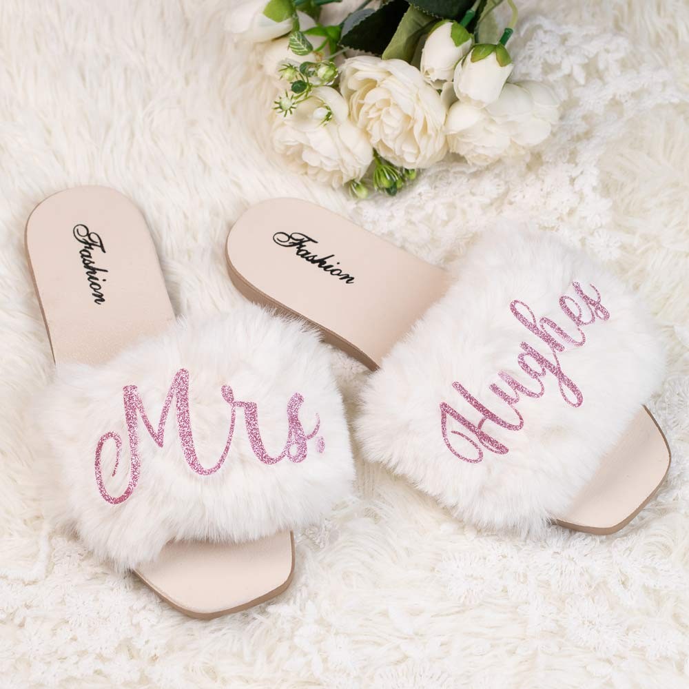 Furry Personalized Bride Slippers