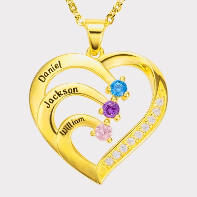 Personalized 3 Names and 3 Birthstones Family Heart Necklace