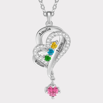 Custom 3 Birthstones & Names Double Love Heart Necklace