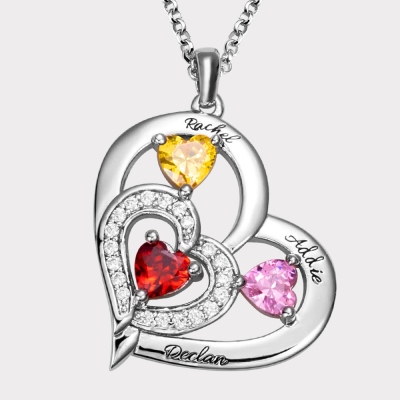 Custom 3 Heart-shaped Birthstones & Names Family Necklace
