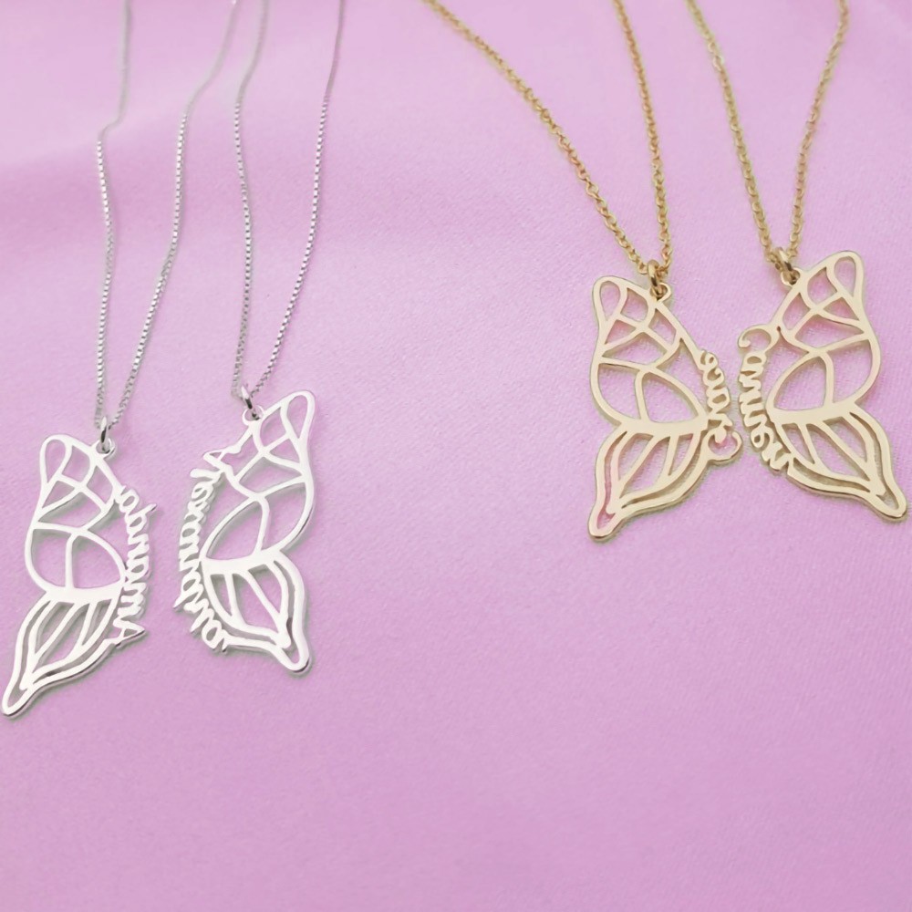 Personalized BFF Butterfly Necklace Set of 2, Butterfly Wings Jewelry for Best Friends Forever Necklaces