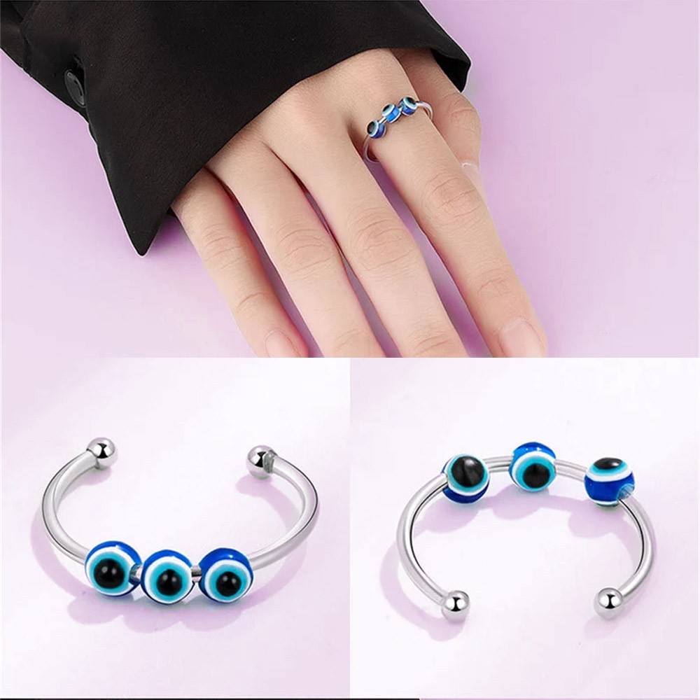 Blue Eye Bead Anxiety Ring with Custom 1-3 Blue Eye Bead, Adjustable Opening Ring, Worry Spinner Rings for Women Men Teen Girls Stress Relief Gifts