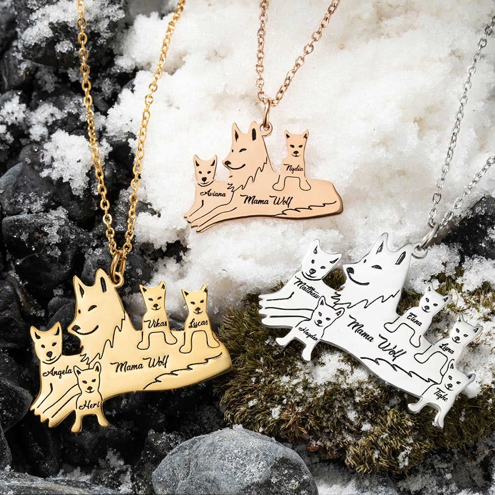 Collier loup personnalisé, collier maman loup avec 1 à 8 noms, collier en acier inoxydable, cadeau de famille pour mère/grand-mère
