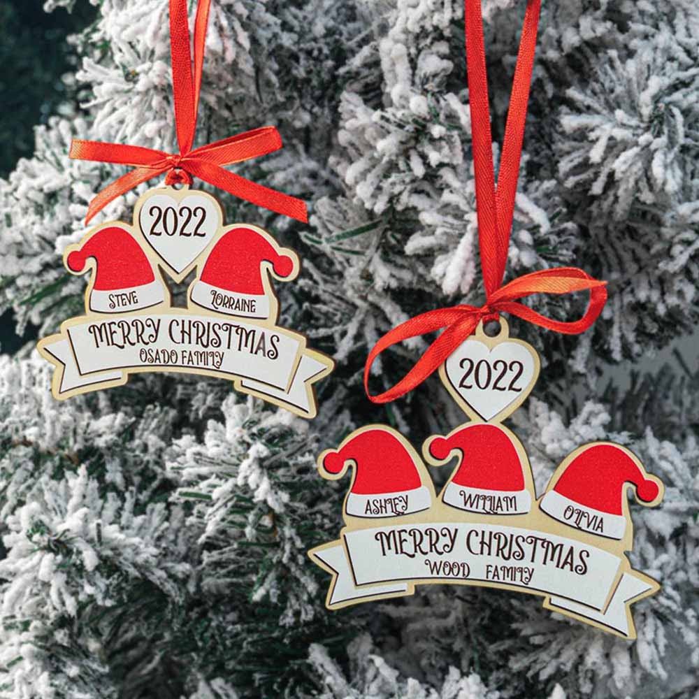 Aangepaste familie kerst ornament, kerstmuts hangend ornament met gepersonaliseerde 2-10 namen, kerstboom decor vakantie decoraties
