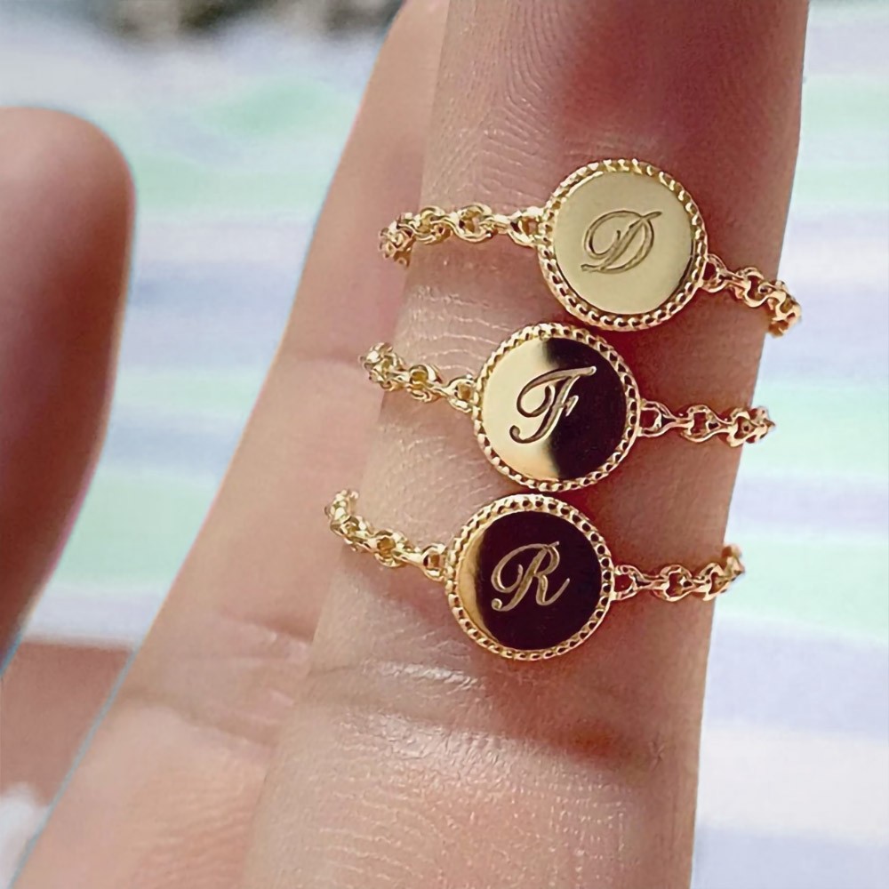 Modern Signet Ring with Custom Initial, Round Signet Chain Ring Engraved Letter Ring, Anniversary Gift/Birthday Gift