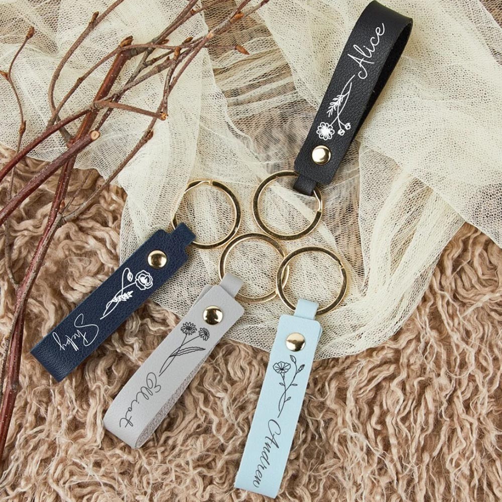Personalized Name Keychain with Birth Flower, Faux Leather Keychain ...