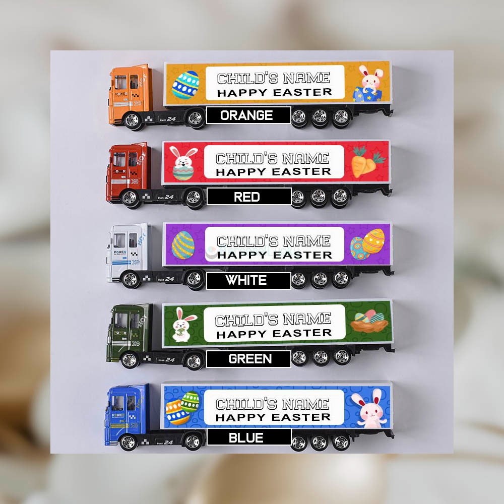 Gepersonaliseerde Pasen Kid Toy Trucks, Paascadeaus voor kinderen, aangepast naamspeelgoed, Happy Easter Truck Toys, Verjaardag/Kinderdagcadeaus