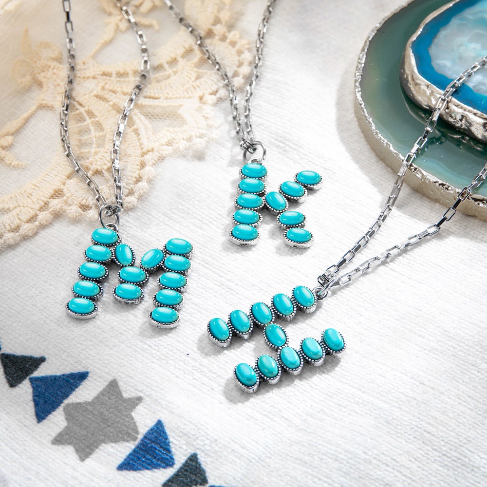 Turquoise Oval Stone Initial Necklace, Semi Stone Initial Necklace, Bohemian Western Style Pendant, Boho Jewelry Gift for Women and Girls