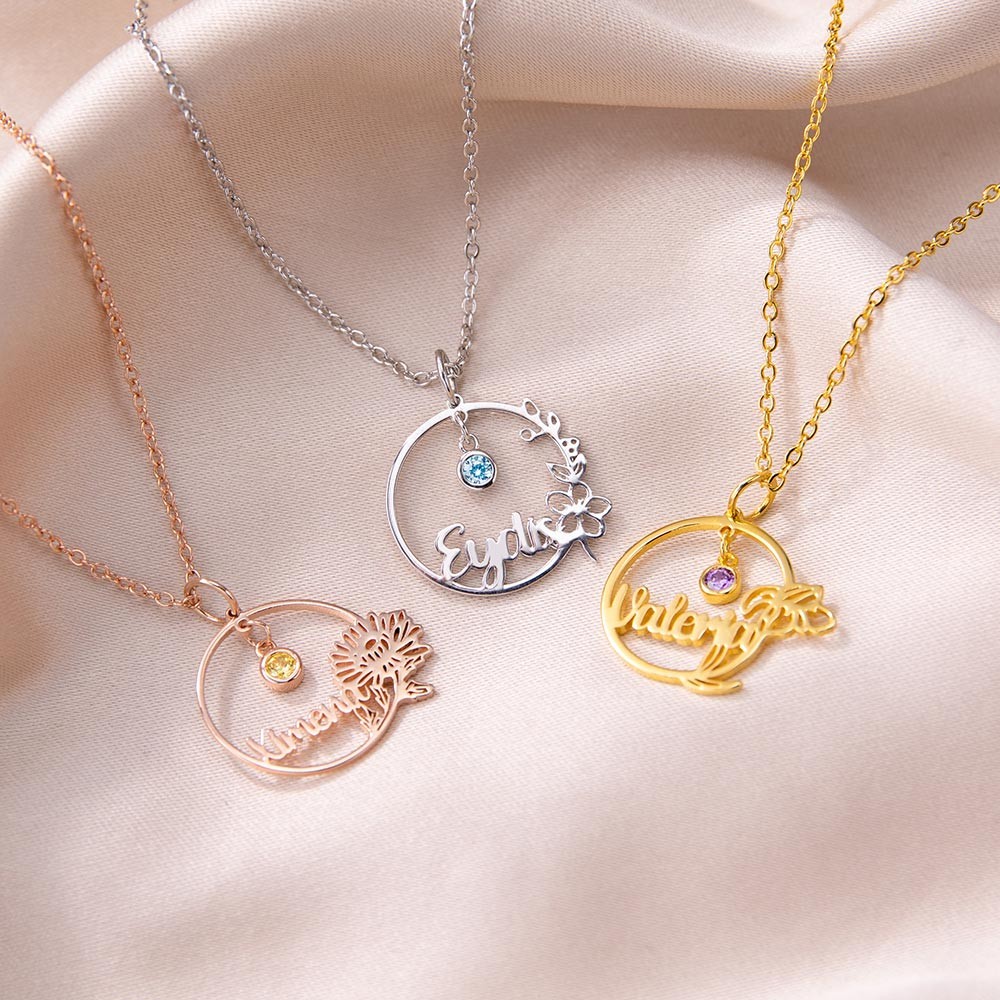 Personalized Name Birthstone and Birthflower Necklace