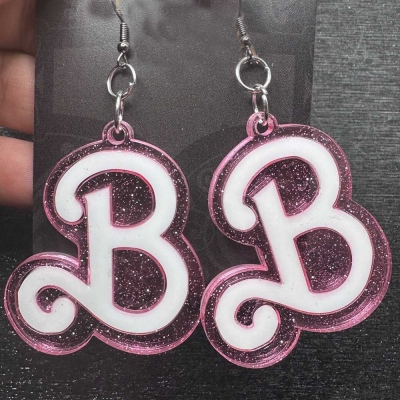 Custom Initial Doll Logo B Acrylic Earrings, Pink Earrings, Gift for Her