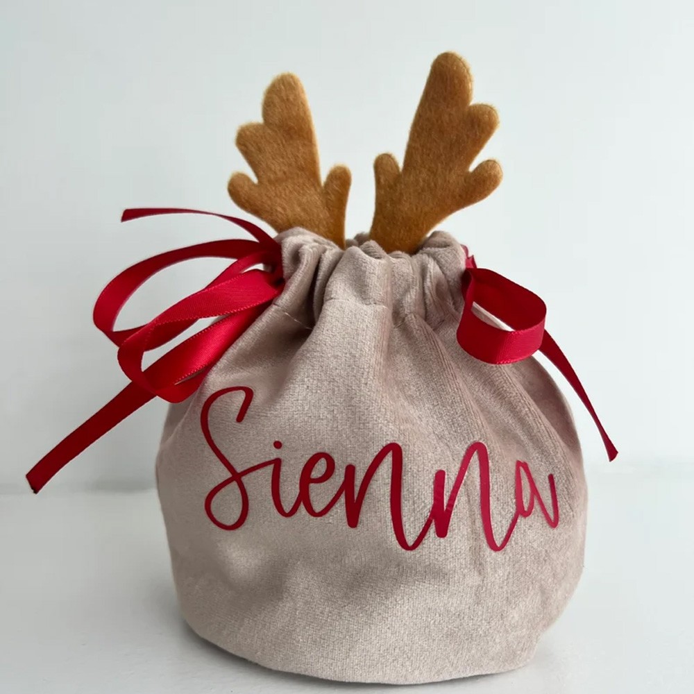 Personalized Christmas Gift Bag, Velvet Reindeer Pouch Bag, Drawstring, Personalized Christmas Bag with Name, Christmas Eve