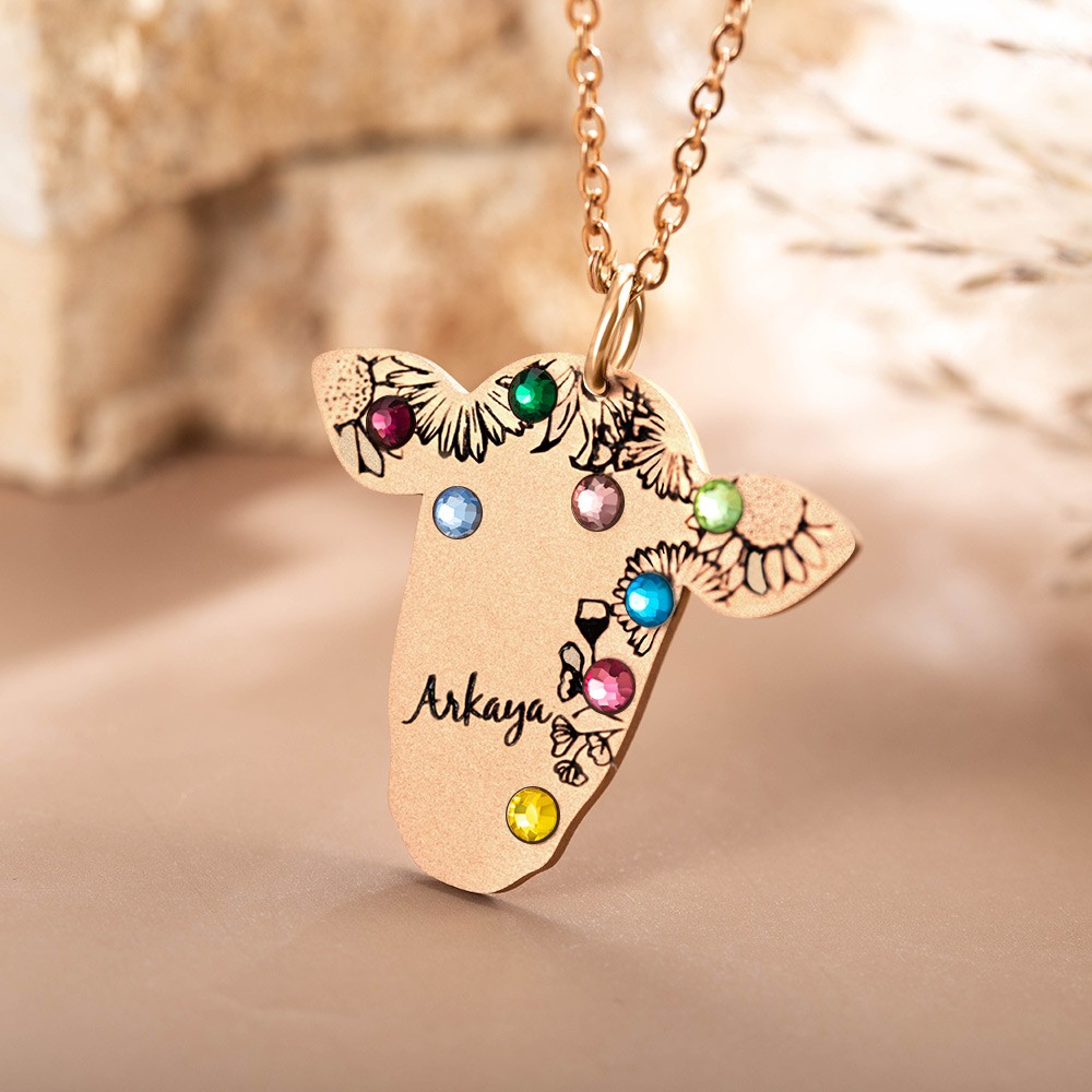 Custom Name and Birthstone Cow Necklace, Retro Bohemian Vintage Necklace, Cow Gifts for Women/Girls, Western Jewelry for Cowgirl