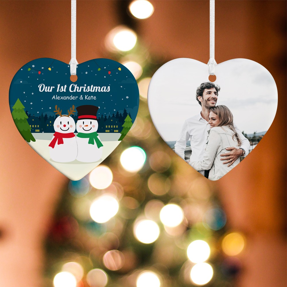 Personalized First Christmas Ornaments for Couples, Custom Name & Photo Snowman Couple Decorations, Christmas Gifts, Gifts for Newlyweds/Couples