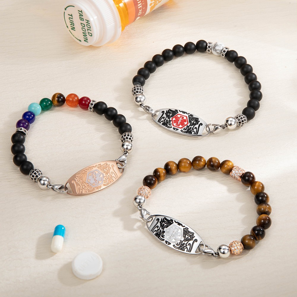 Benutzerdefiniertes medizinisches Alarmarmband, 7 Chakren Perlen-Notfallarmband, medizinisches Id-Armband, gravierte Armbänder für Oma/Opa, Weihnachtsgeschenk