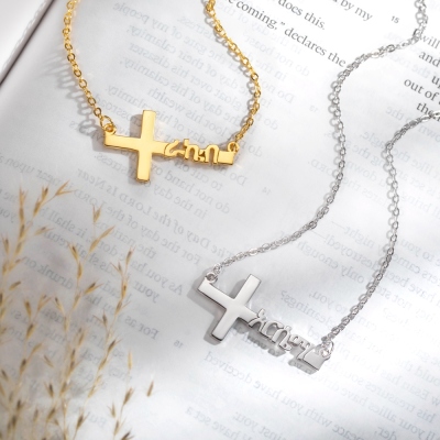 Personalized Amharic Name Necklace, Custom Gold Plated Cross Necklace, Spirit Jewelry, Christening Gift, First Communion Gift, Gift for Mom/Grandmom