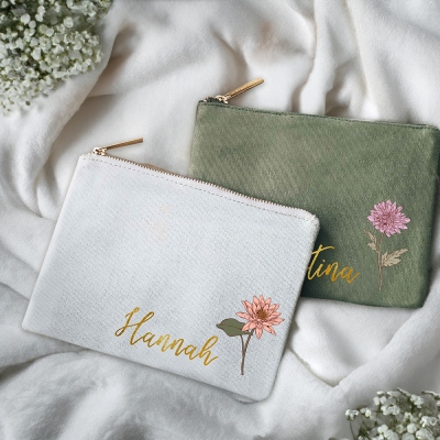 Personalized Name Birth Flower Makeup Bag, Custom Monogram Canvas Cosmetic Pouch, Birthday/Holiday/Wedding/Bridesmaid Gift for Her/Mom/Best Friends