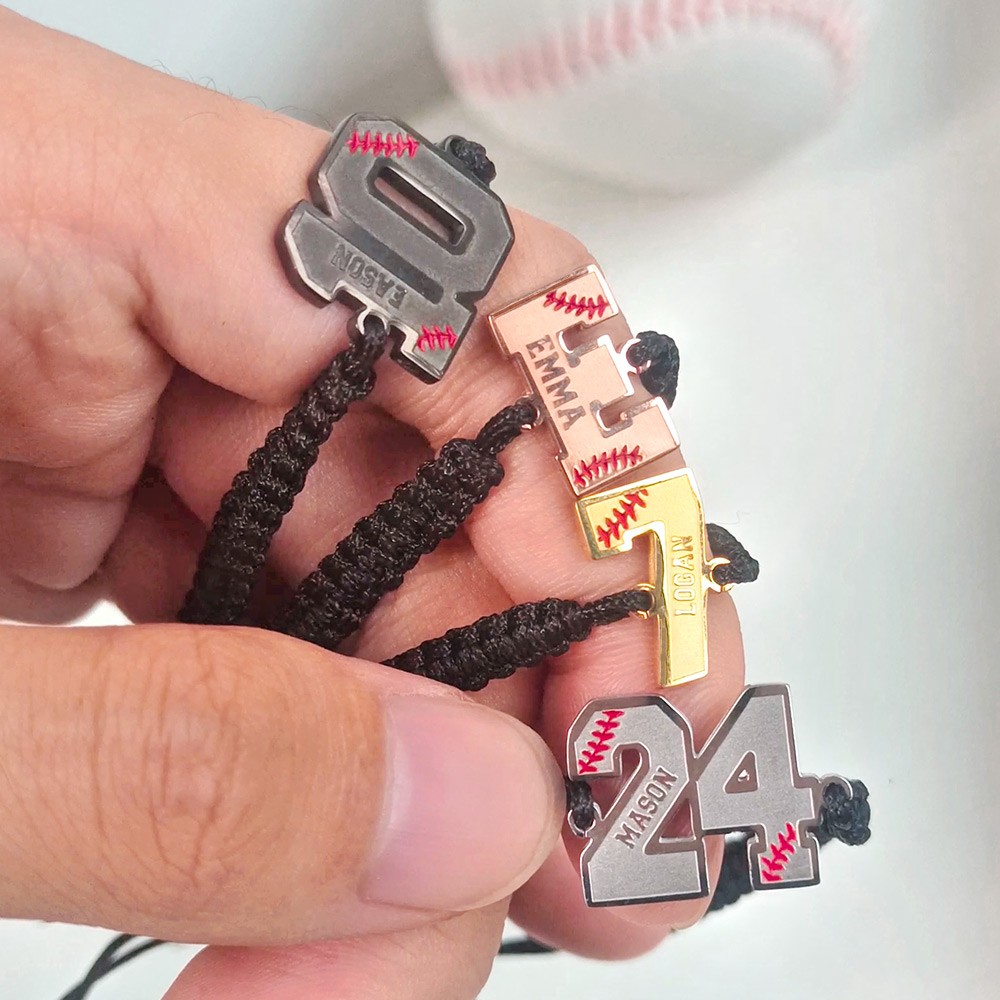 Personalized Braided Baseball Bracelet, Custom Name Jersey Number Adjustable Bracelet, Baseball/Softball Jewelry, Gift for Baseball Player/Enthusiasts
