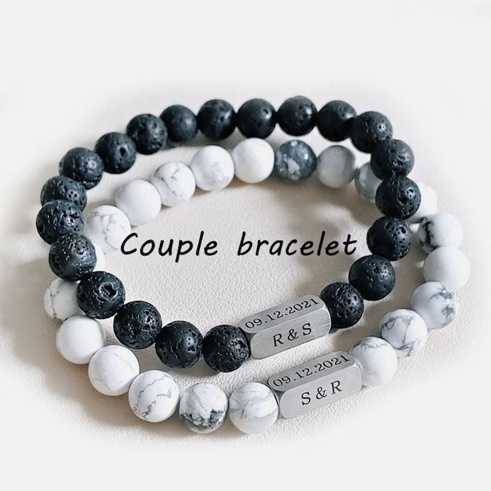 Custom Engraved Beaded Bracelet, Personalized Gift, Tiger Eye Beaded Bracelet, Couple Gifts, Gemstone Stretchy Bracelet for Men Women