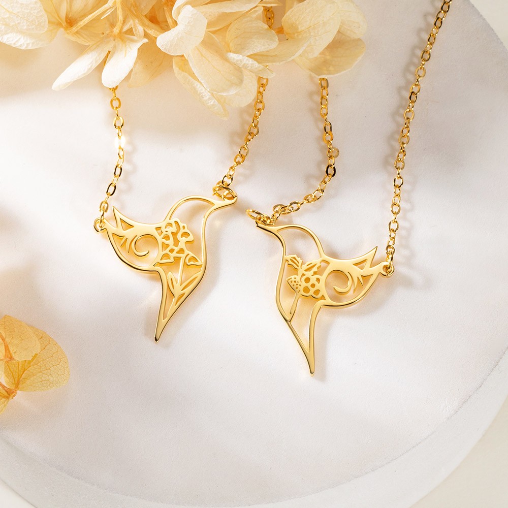 Collana Con Ciondolo Colibrì E Fiore - Cristalli - Placcata Oro - Regalo In Scatola - Gioiello Donna